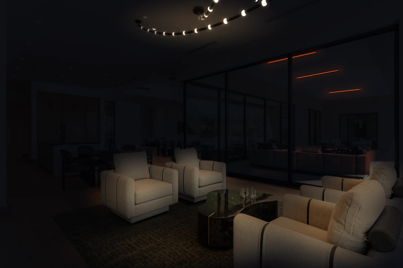 Phoenix Interior Design LLC living room Living room by Phoenix Interior Design LLC with swivel chairs and a sculptural chandelier lit at dusk